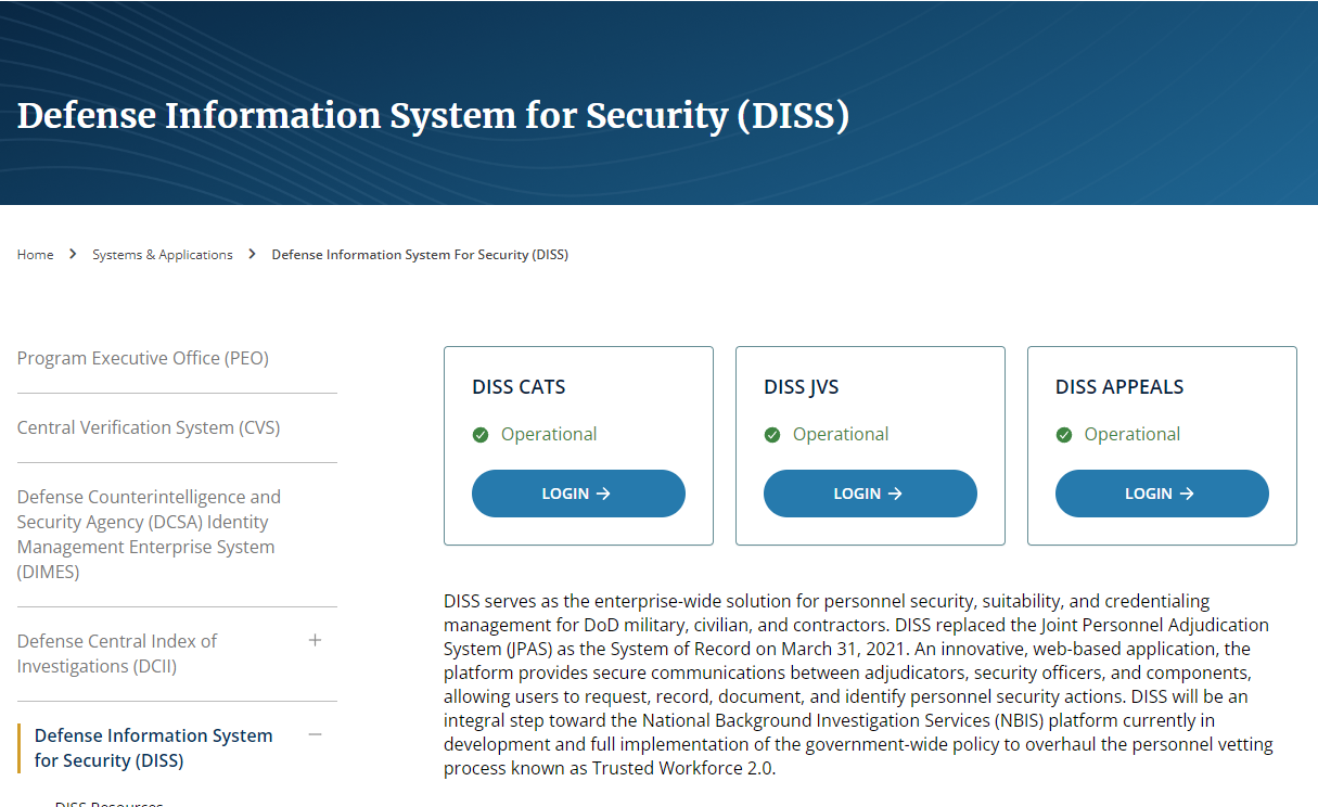 Screenshot of the DISS website