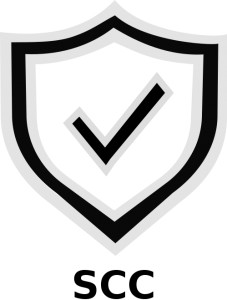 SCC Logo and outlined shield with a checkmark in the center
